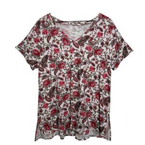 J Jill 100% Pima Cotton XL V-neck Short Sleeve White Floral T-shirt Pink Garden